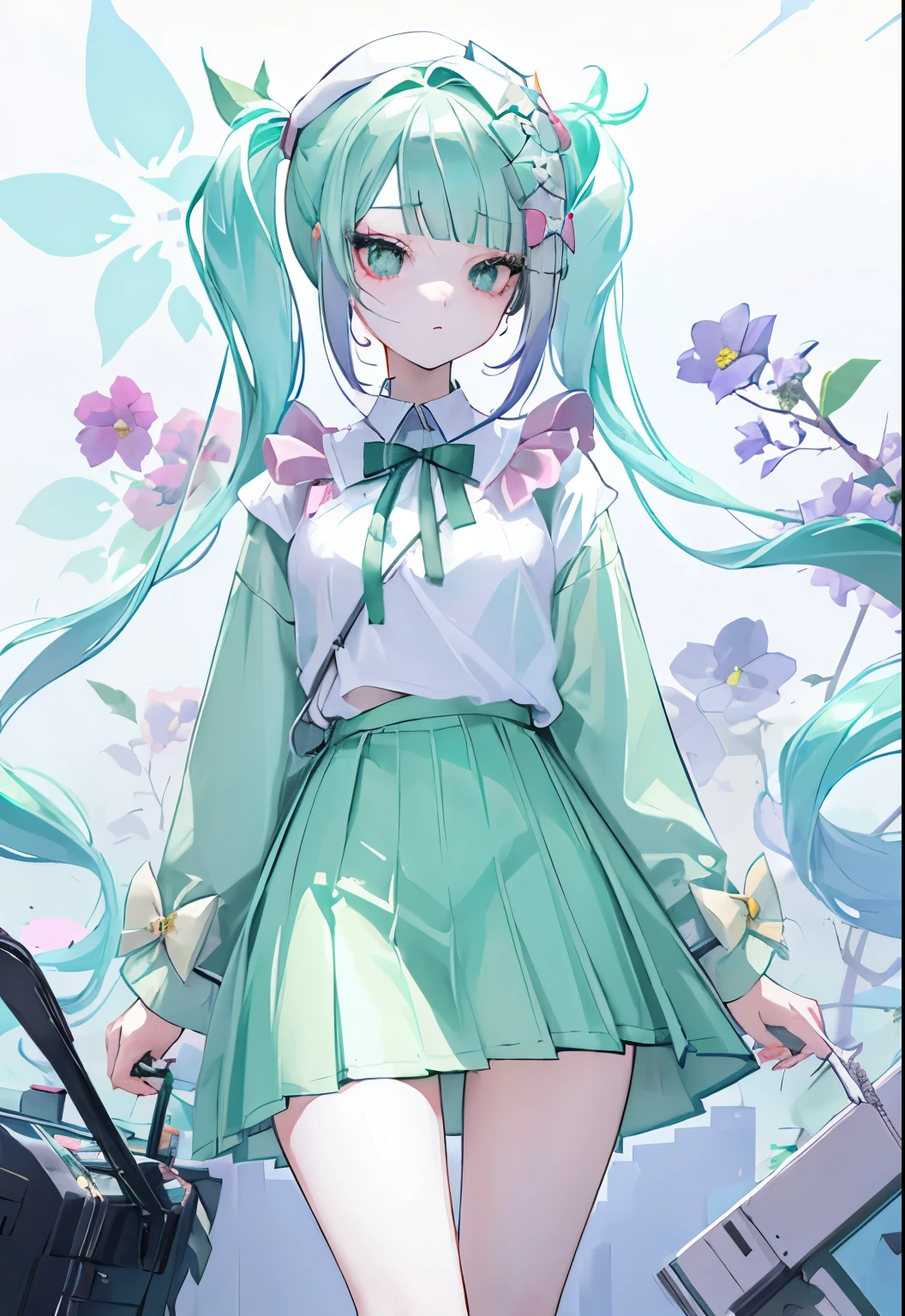 1 Girl, (Eye bags:1.5), Mint green hair, Double drill bit_Weaving, White beret, White shirt, Flower tie
