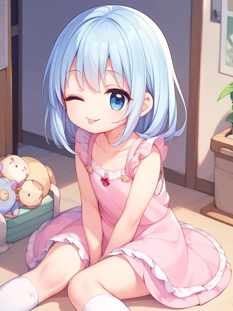 Highest quality、high resolution、One girl、Young children、Mouth closed and tongue out、Wink、Light blue hair、A pale pink dress、Pétain sitting、White socks、A sunny room