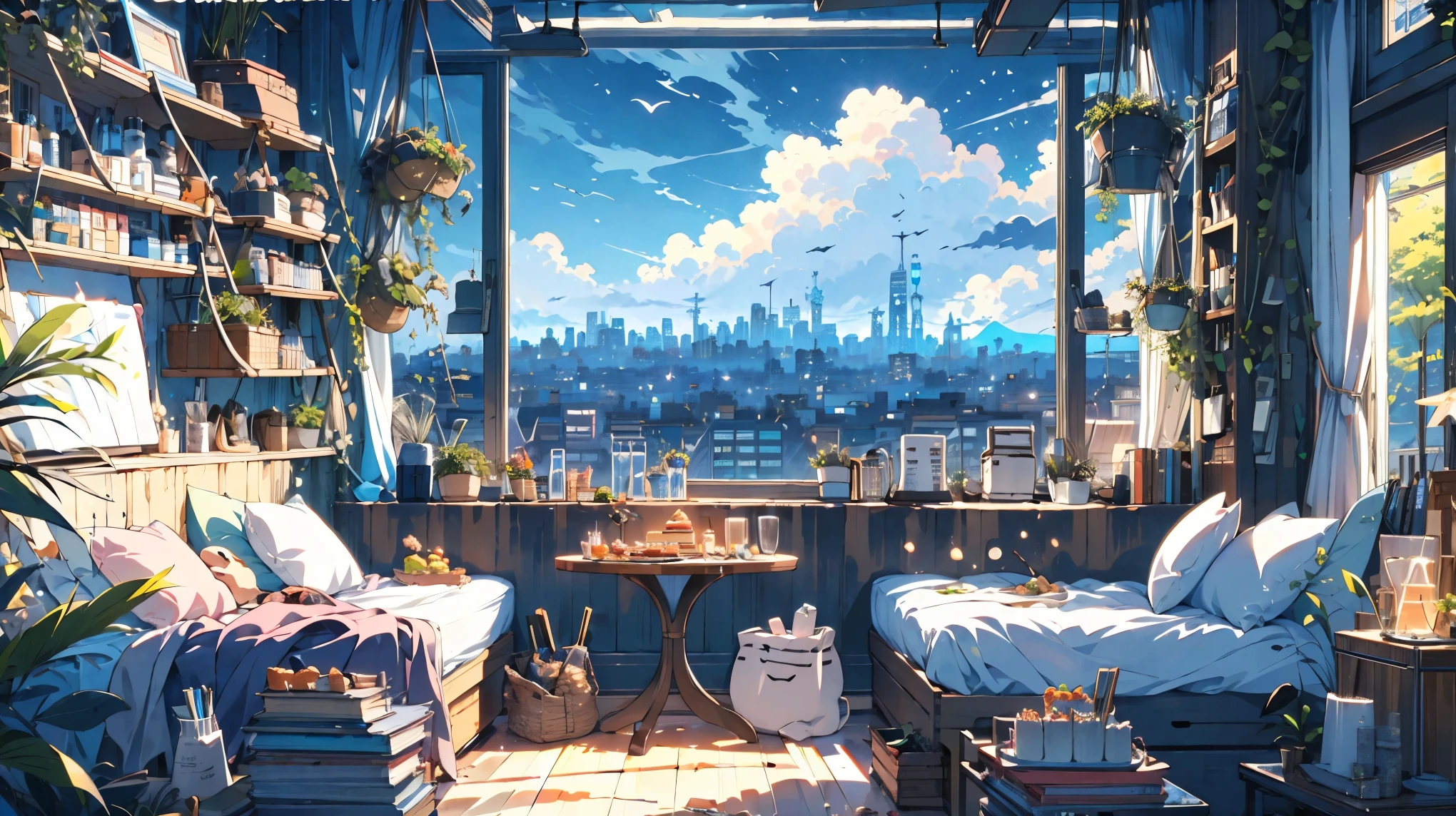 (masterpiece:1.2), Best Quality,Pixiv,Cozy animated scene, scenery, cityscape, city, nullscraper, building, window, cloud, null, food, indoor, computer, Books, bed, table, clock, pillow, No humans, chair, cake, monitor, cup, dish, nullline, Lie