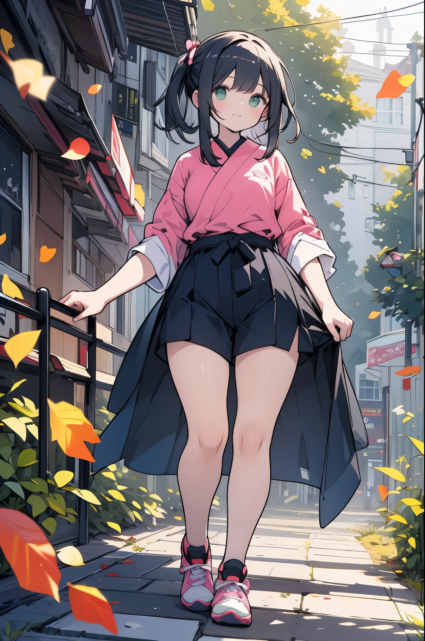 ((Best Quality、8k、masterpiece:1.3))、Japanese anime style、Human Girl、One person、1 person、((Petite、Glamorous Body、Curvy))、cute、smile、((Long black hair))、Beautiful emerald green eyes、Pink T-shirt、Navy blue shorts、Blue running shoes、Hold the cake in your right hand、Hold an open book in your left hand、Fallen leaves in the background、