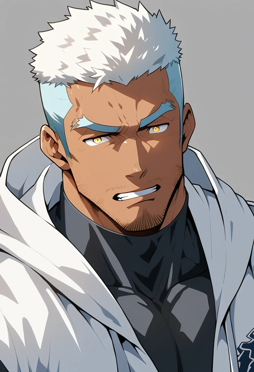 negro，anime characters：Gyee, Young Muscle Sports Sexy Teacher, negro black skin, Manliness, male focus, milky White long-sleeved hooded sweatshirt, Wear a black high-necked tights inside, Very tight, muscular male, muscular, only, Upper body, White short hair, Thick eyebrows, stubble, Yellow eyes, Grey background, simple background, amazing quality, best aesthetics, Ridiculous, bright pupils, crew cut, parted lips, embarrassed, endured face, Aggrieved expression, best quality