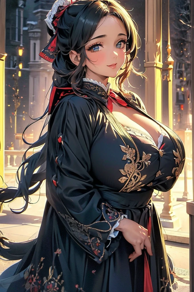 ((((High resolution, Intricate details, Super detailed, masterpiece, 8k)))), (((beautiful, Beautiful face, One Woman, middle part, amount, Smile, Glowing Skin))), ((Black Hair, coat, lace, Frills, Big Breasts, love handle, Plump thighs, Chubby, Glamour, Being fat)), (Red cheeks, Long Hair, High Ponytail, Big ribbon, living), from front, looking at viewer, look at viewer,