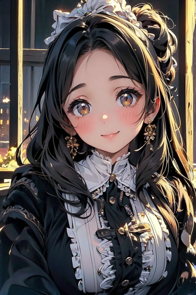 ((((High resolution, Intricate details, Super detailed, masterpiece, 8k)))), (((beautiful, Beautiful face, One Woman, middle part, amount, Smile, Glowing Skin))), ((Black Hair, Fur coat, lace, Frills, Big Breasts, love handle, Chubby, Glamour, Being fat)), (Red cheeks, Long Hair, High Ponytail, Big ribbon, living), from front, looking at viewer, look at viewer,