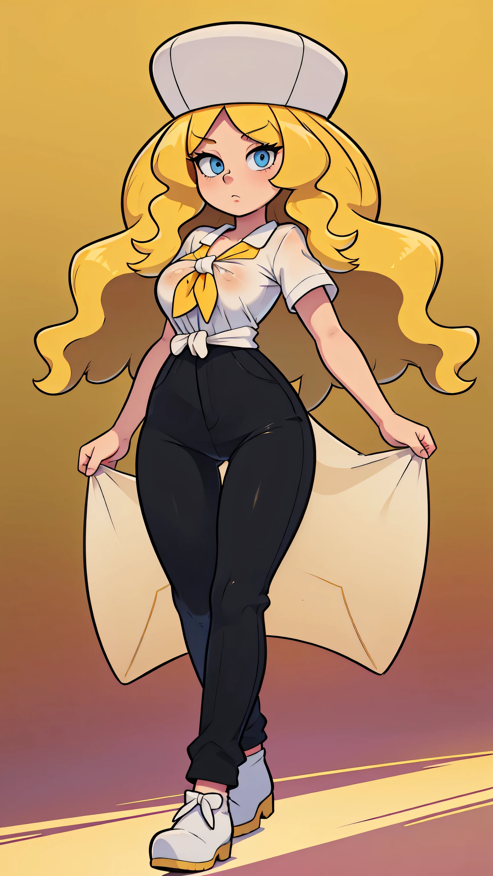 a sexy woman attractive big breast radical youth beautiful long wavy yellow hair wearing cap winter soviet golden her bright colorful eye wears white buttoned blouse tied knot short sleeve and long black pants big thigh sensual long golden heel