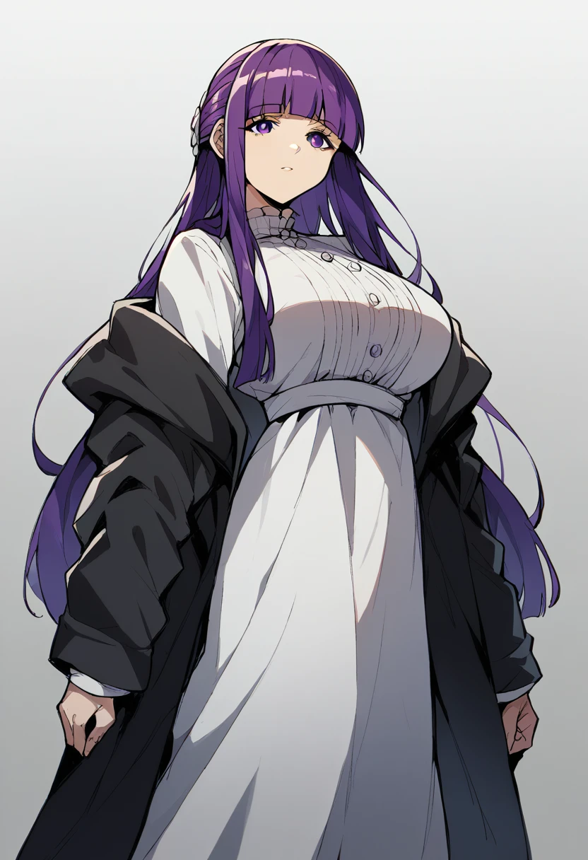MARE Style, open robe, long dress, fern \(sousou no frieren\), purple hair, long hair, blunt bangs, half updo, beautiful, score_9,score_8_up,score_7_up BREAK {prompt}, large breasts, curvy.anime artwork, score_9, score_8_up, score_7_up, score_6_up, score_5_up, score_4_up, breast size D,Big hips, High quality, Smile,T,masterpiece, best quality, big breasts
