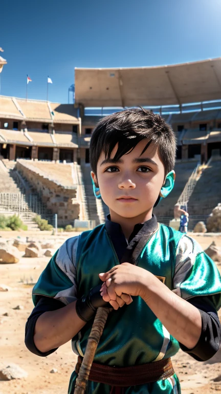 Ultra Real、Anime-like depiction、/(ultra-ancient times、BC3500 Settings、Armenian realistic/), A boy fighting in an arena made of rocks。Childhood remains。(The boy&#39;s face resembles a young Arnold Schwarzenegger)、Webbed brown hair reaches down to her shoulders。Well-built and tall、Very wide shoulders、Slender and thin、Boy&#39;s physique、A scene where a large broadsword is swung to sweep away enemies.。Worn brown and dark green tunic clothing、and leather shoulder pads、Small tattered leather breastplate、Broken Gauntlet、Roman Sandals。Wounds all over the body。A tense moment in the arena。Face off against a giant enemy。Enthusiastic audience。Desert and Hills。Iron grating。/(The enemy is a fat gladiator who stares sickly at the boy./)、