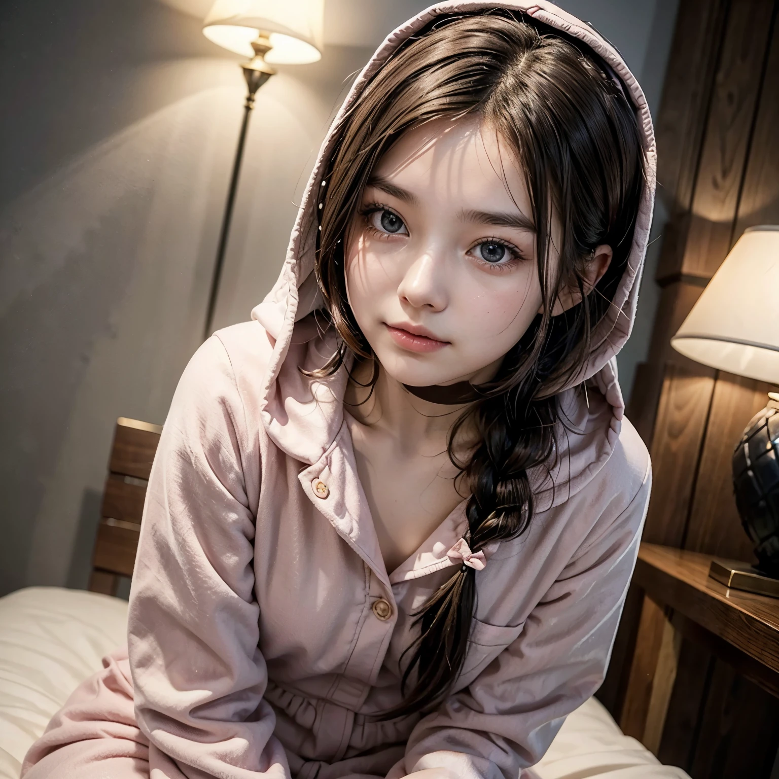 Night, moonlight, indoors, pink pajamas, an eighteen-year-old girl with long black hair and green eyes, worried expression