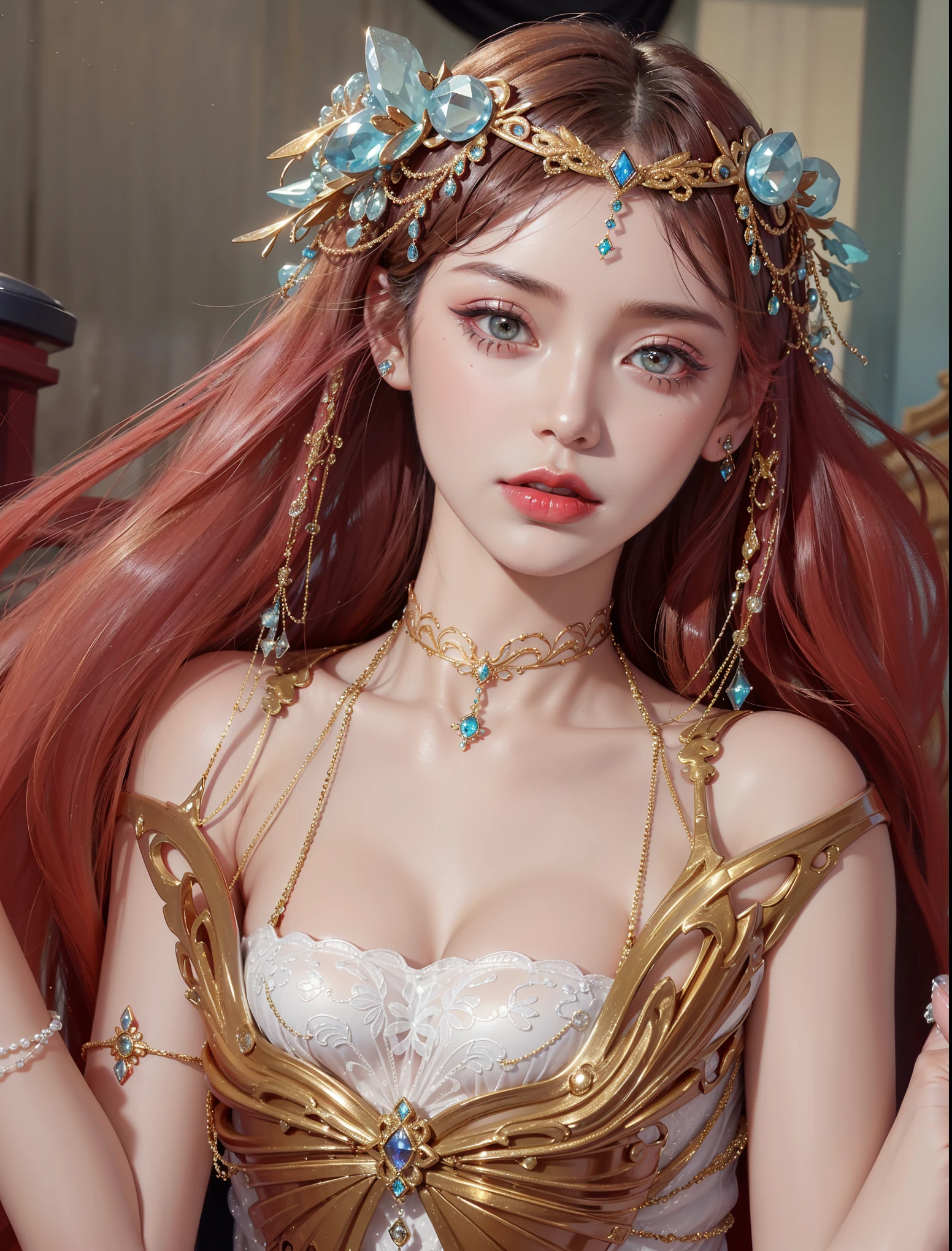 8k portrait of a beautiful pink haired cyborg, Complex, elegant, Very detailed, Majestic, Digital photography, ArtJam、Luan Jia、Surreal paintings by Greg Rutkowski、Golden butterfly filigree, Broken glass, (masterpiece, Side light, Beautiful, detailed eyes: 1.2), High resolution、nude、Beautiful eye,