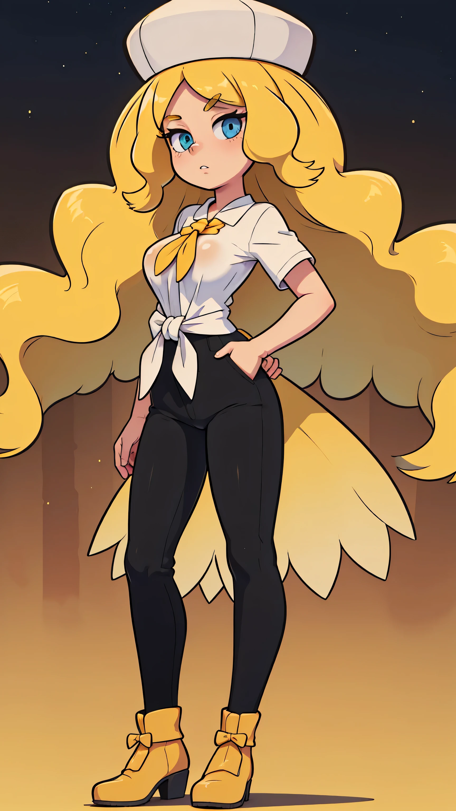 a sexy woman attractive big breast radical youth beautiful long wavy yellow hair wearing cap winter soviet golden her bright colorful eye wears white buttoned blouse tied knot short sleeve and long black pants big thigh sensual long golden heel