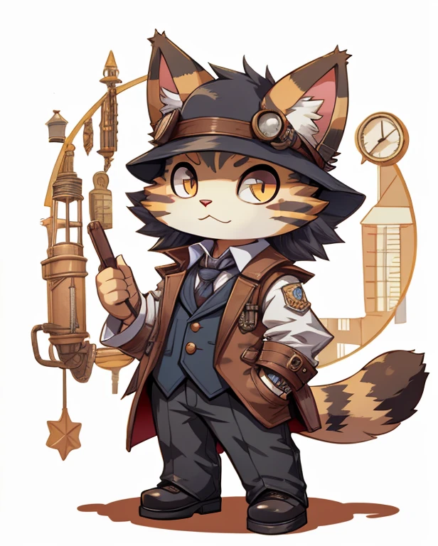 Steampunk style cat, Chibi, standing, Background Magic school building, Great style