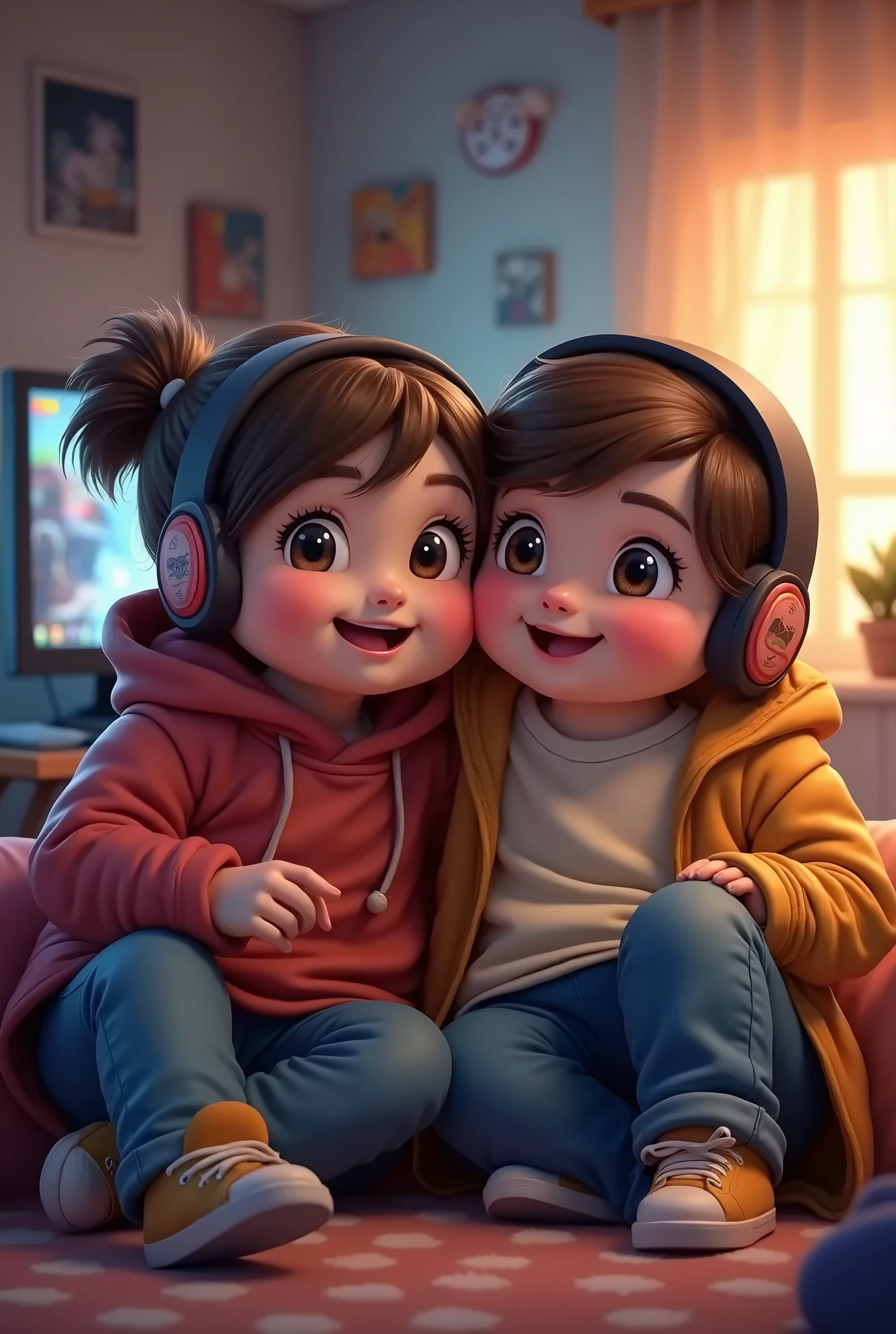 A girl and boy are listening a song in her /his own head phones creast a thumbnail for youtube like relax men