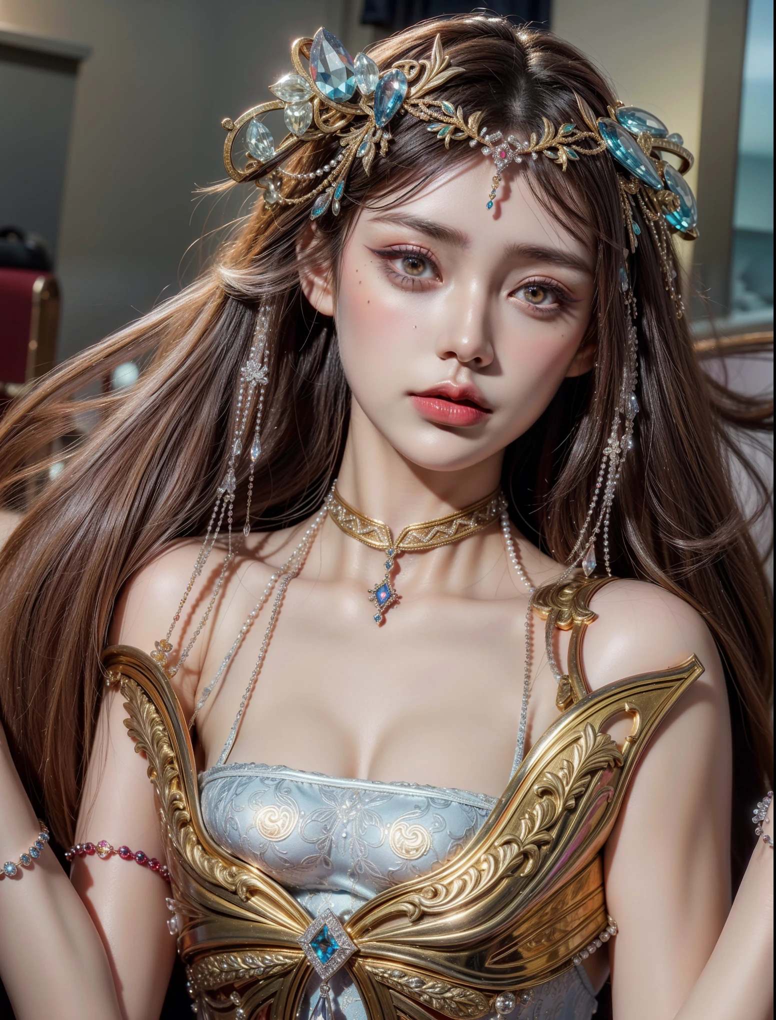 (Masterpiece, Top quality, Best quality, offcial art, Beautiful and aesthetic:1.2), Antique costumes,huge tit,(Beautiful girl:1.3), Extremely detailed,(Fractal art:1.1),(Colorful:1.1)(Flowers:1.3),highest details,(zentangle:1.2), (Dynamic pose), Gorgeous room,(Shiny skin), (many color:1.4), ,(Earrings:1.4),