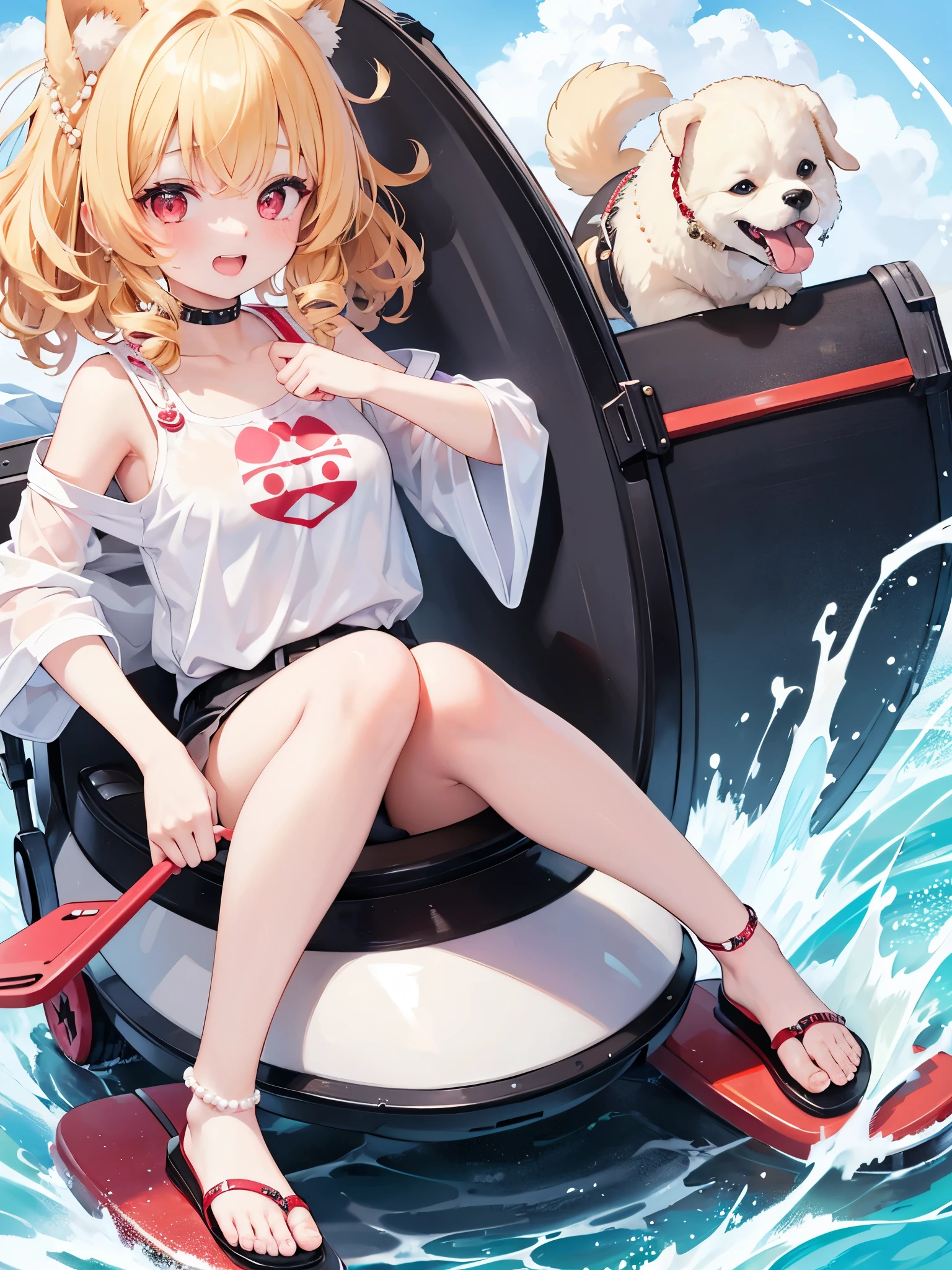 One girl, blonde hair, red eyes, sparkling eyes, laugh heartily, medium cut hair, curly hair, dog ears, pearls choker,ride an electric kickboard,