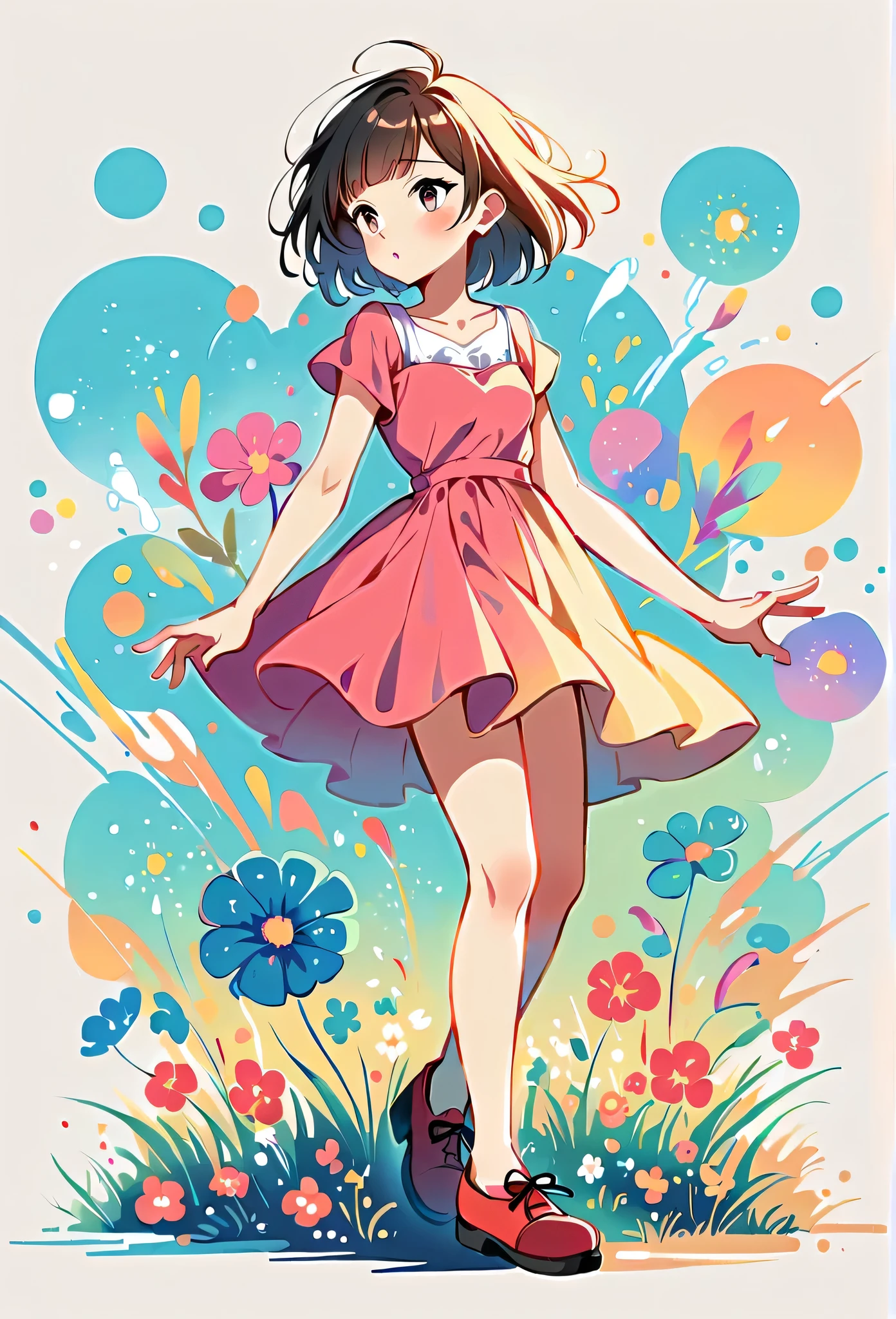 A girl in a dress and shoes standing in a field of flowers - SeaArt AI