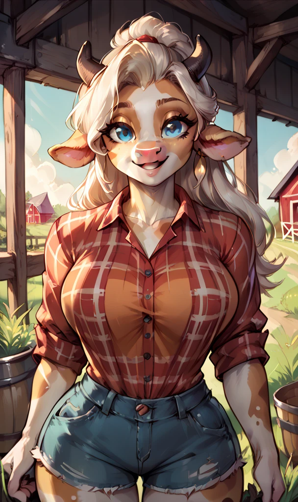 anthropomorphic, (cow), feminine, pretty, attractive, plaid shirt, short jean shorts, large breasts, shapely body, skin, big eyes, smile, (happy expression), farm setting, (great lighting), (masterpiece), (best quality), (random view)