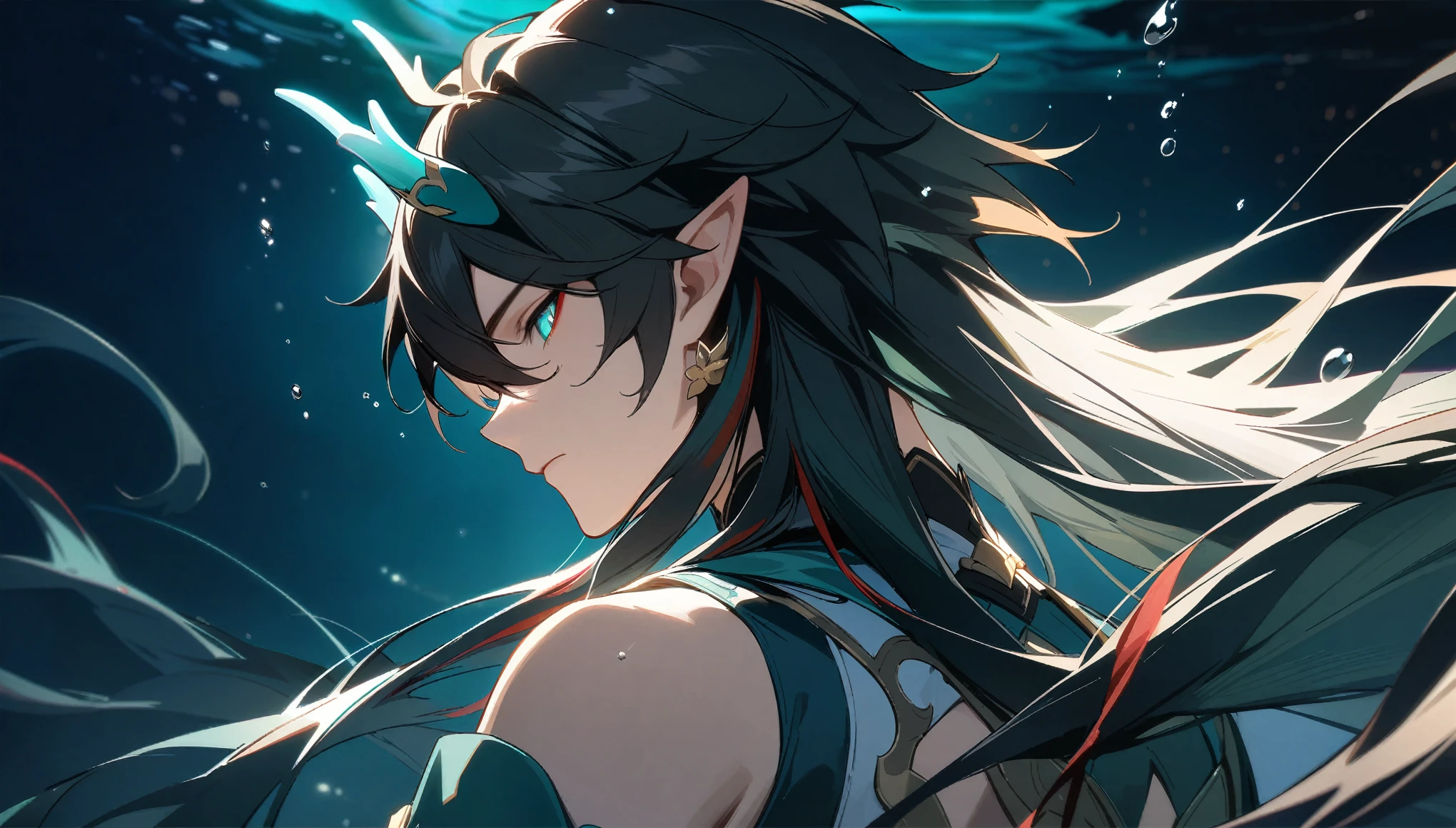 1boy, dan heng, imbibitor lunae, dan heng IL, honkai star rail, elf ears, long hair, black hair, horns, underwater, dark green background, hd eyes, close up, back turned, looking left, (beautiful and aesthetic:1. 5), best quality, high quality,  super detail, best quality, ultra-detailed,dynamic lighting, HD,