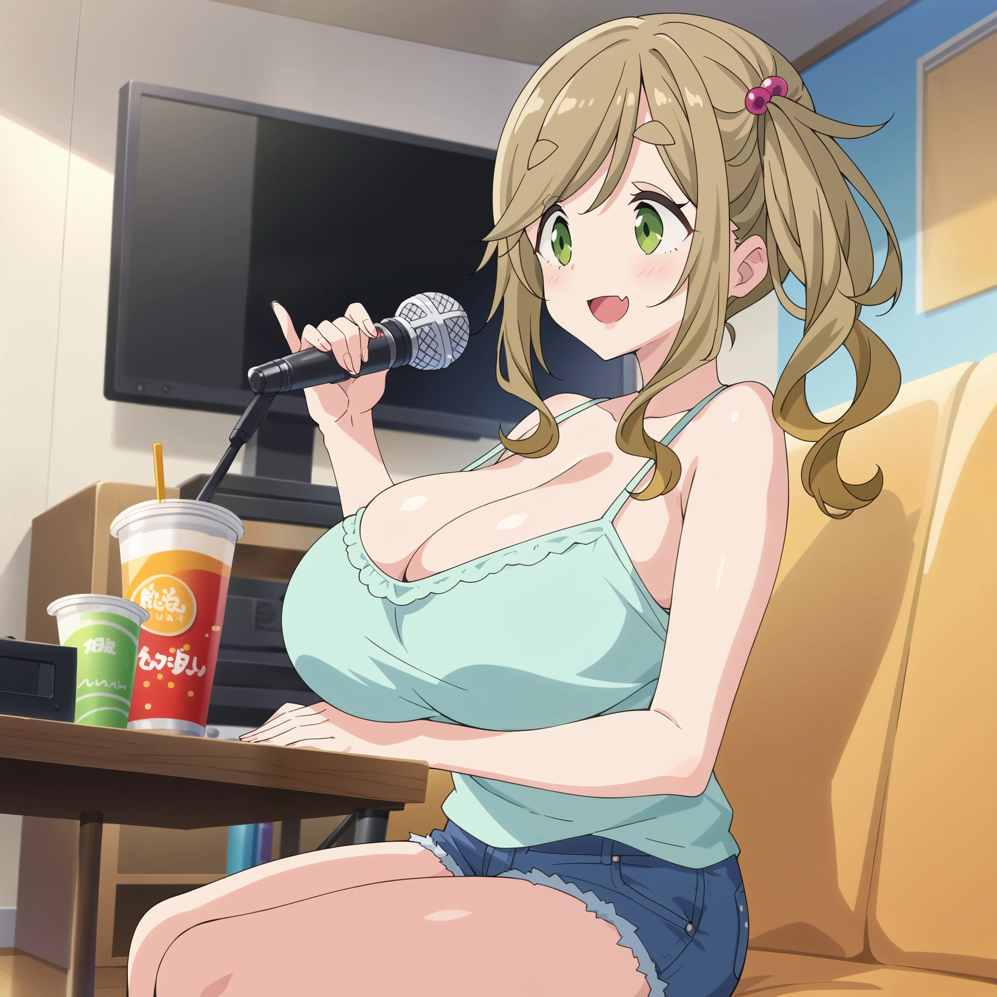 score_9, score_8_up, score_7_up, source_anime,  (anime coloring, anime screencap:1.2), flat color, megami magazine, shiny skin, from side, sitting, couch, karaoke room, tv monitor, table, door, mirror ball, holding microphone, Aoi Inuyama, loose camp, medium hair, (huge breasts), bangs, brown hair, hair ornament, side ponytail, flowing bangs, thick eyebrows, hair bobble, fang, green eyes, camisole, denim shorts, indoors, looking  away, seductive smile, blush, open mouth, sing, music, fried potato, drink