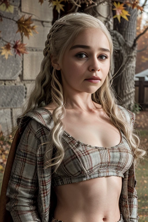 High quality, high resolution, Detailed Photorealistic, in cinematic lighting, Emilia Clarke, outside, autumn leaves, midriff, cleavage, Determination, flannel shirt, background, Autumn. feirced yet sexy