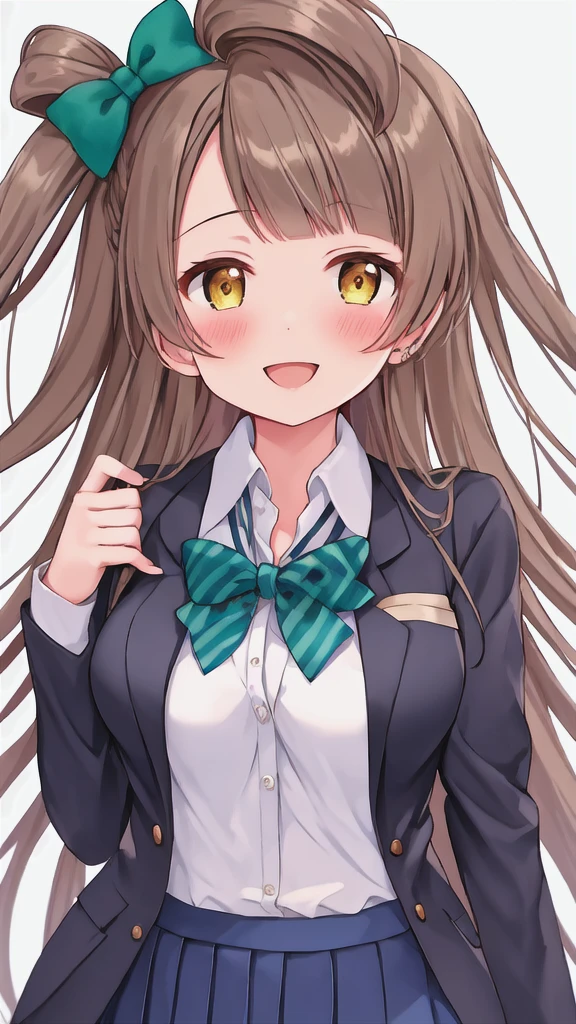 best quality, masterpiece, highres, solo, {minami_kotori_lovelive:1.15}, long_hair, brown_hair, one_side_up, smile, blush, bow, yellow_eyes, hair_bow, brown_eyes, bangs, open_mouth, breasts, 1girl, bowtie, collared_shirt, green_bow, looking_at_viewer, otonokizaka_school_uniform, red_bow, red_bowtie, school_uniform, shirt, single_hair_ring, striped, striped_bow, striped_bowtie, upper_body, white_background, white_shirt, blazer, blue_jacket, jacket, simple_background, closed_mouth, long_sleeves, shiny_hair, winter_uniform