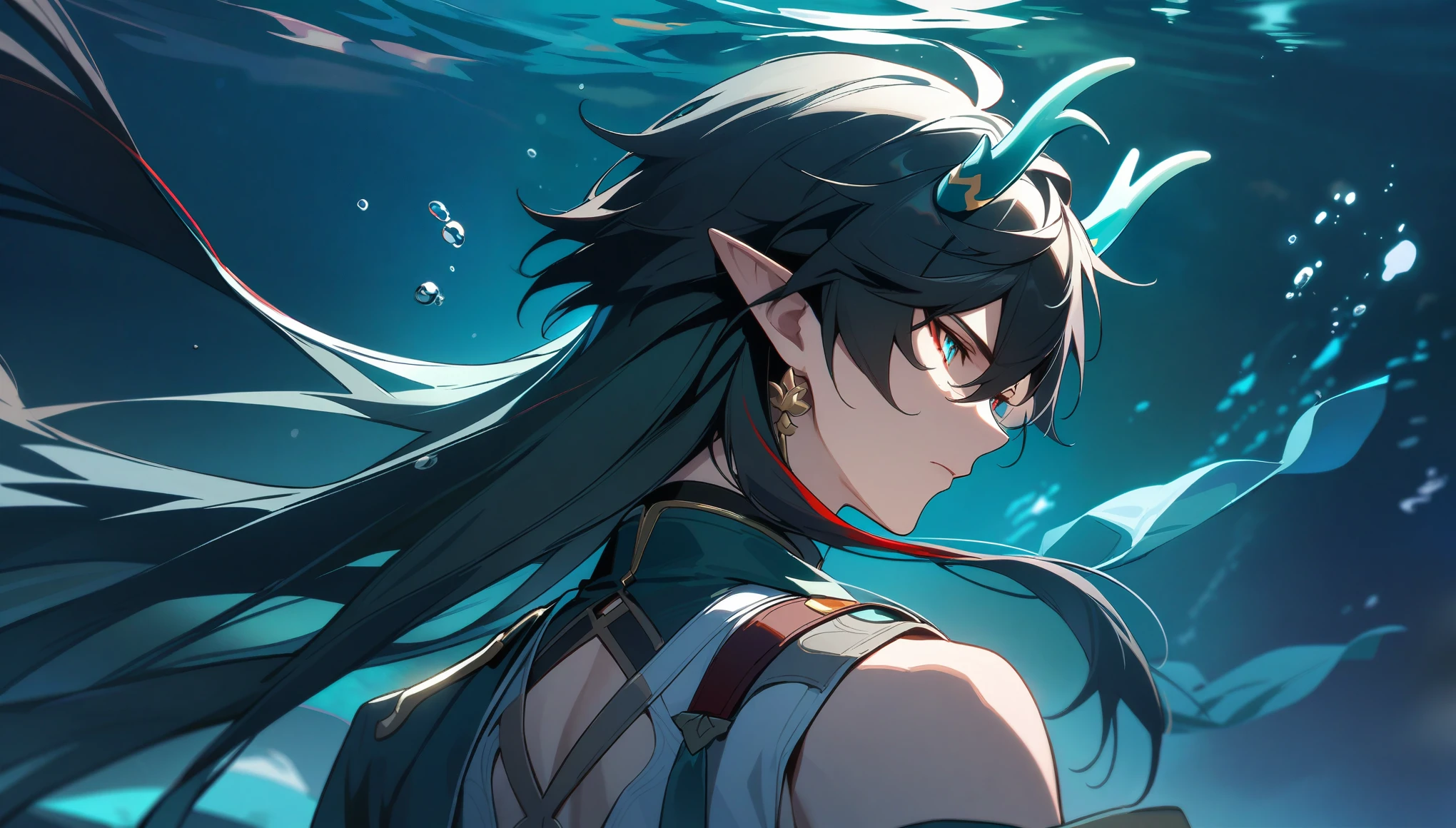 1boy, dan heng, imbibitor lunae, dan heng IL, honkai star rail, elf ears, long hair, black hair, horns, underwater, dark green background, hd eyes, close up, back turned, looking left, (beautiful and aesthetic:1. 5), best quality, high quality,  super detail, best quality, ultra-detailed,dynamic lighting, HD,