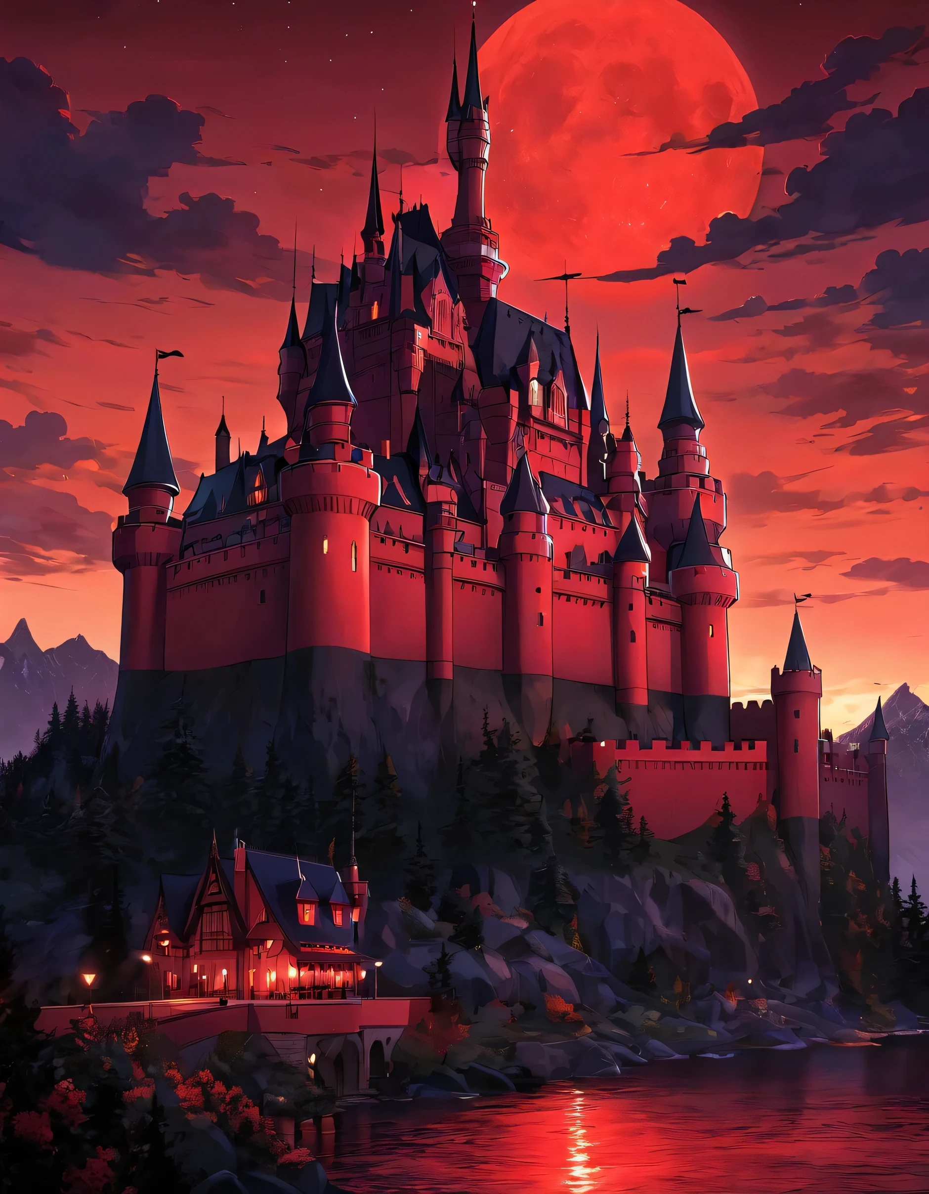 blood red colored sky，dark stormy clouds，Black mysterious sun，Huge terrible castle，At the top of the castle stood a man dressed in a red robe，cabelos preto e longos，sharp looking eyes，The corners of the mouth are slightly bloody，People with a smile on their face，Below the castle is a black forest。