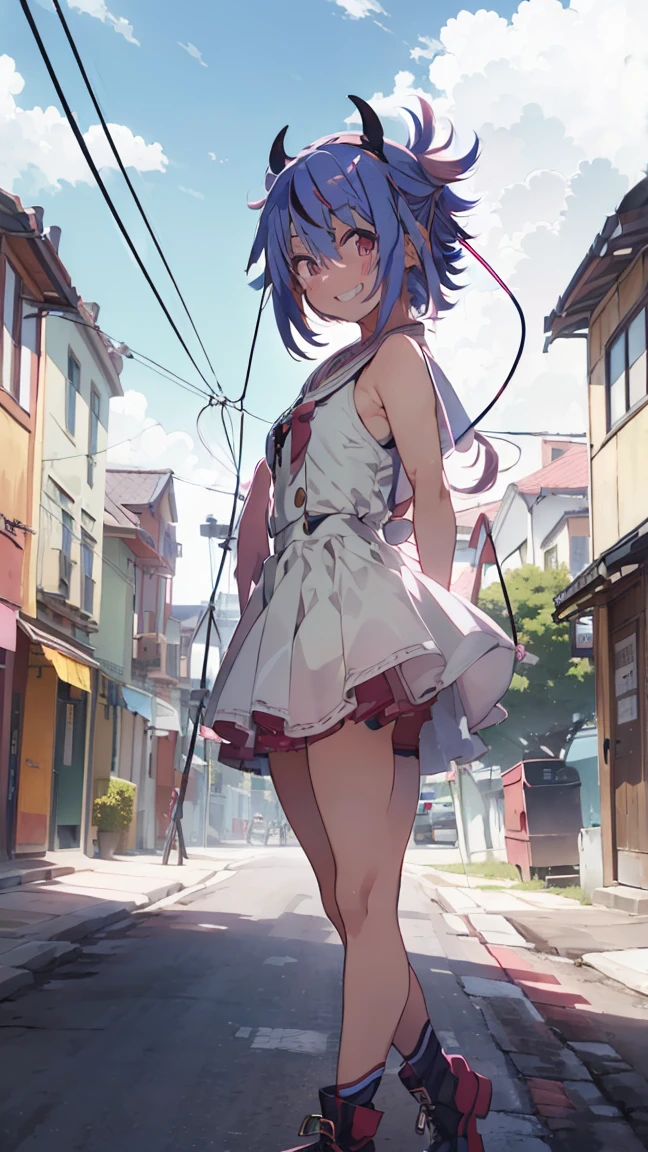 masterpiece, Best Quality, High resolution, Very detailed,(((Mikoto Naruhana))), (((Multicolored Hair))), (((horn))), (((Pink Eyes))), (((Standing at a distance))), (((Around town))), (((blue sky))), (((electric wire))), (((Laughing)))