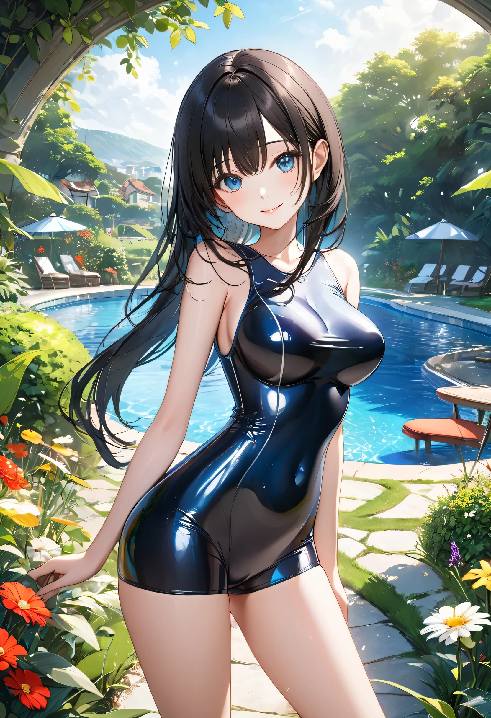 Korean Idols　Campaign Girl　Super shiny enamel leotard with sponsor logo　High leg　garter belt　Super Shiny Stockings　Super Shiny Enamel Evening Gloves　In the forest　Armpit　Depicted from below　Sweat　Put your hands behind your head　Lie down