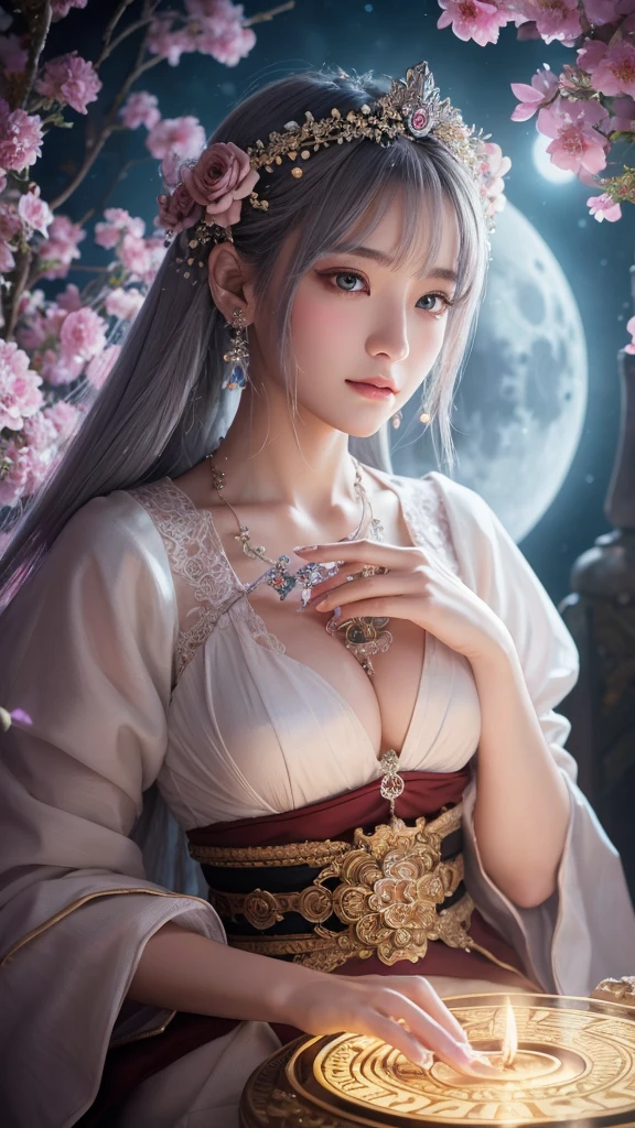 Beautiful Goddess(1 person)、White Fox Incarnation、It has nine tails、Beautiful woman、kimono、Trained muscles、Big Breasts、Gray Hair、Captivating body、Japanese Shrines、Cherry Blossoms at Night、full moon、8k、Realistic