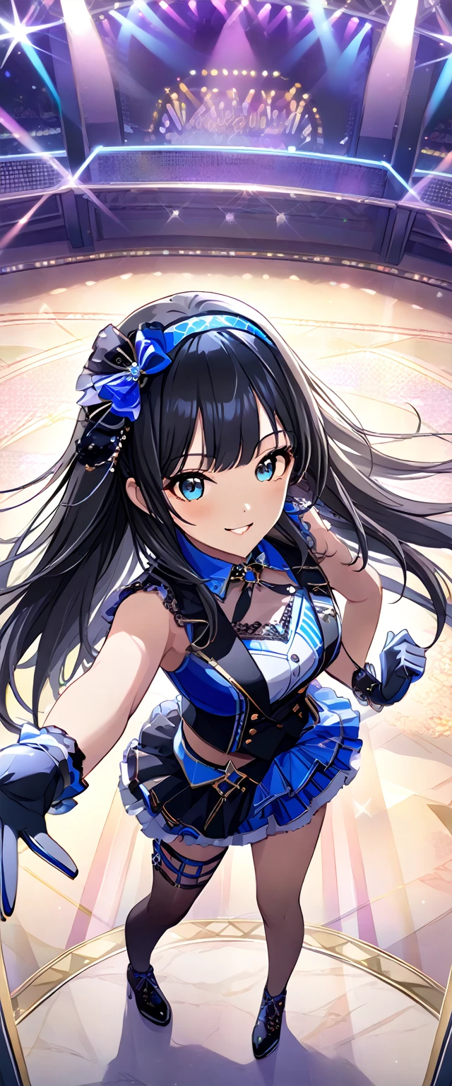 sfw,(hyper extreme detailed),(masterpeace),(hyper extreme),(photorealistic),CG,1girl,outdoors,  <lora:Katsuragi:1>Katsuragi,black hair, twintails, long hair,Emerald green eyes,horns,earrings,blue dress, miniskirt,armguards, white thighhighs, geta,