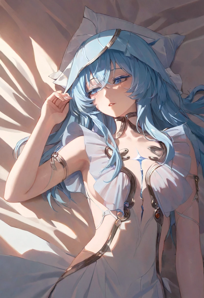 
girl, sleeping on bed, bathed in soft sunlight, wide shot, light blue hair, POV, beautiful detailed eyes, extremely detailed face, longeyeslashes, detailed skin, cinematic lighting, warm color tones, masterpiece, highly detailed, 8k, sharp focus