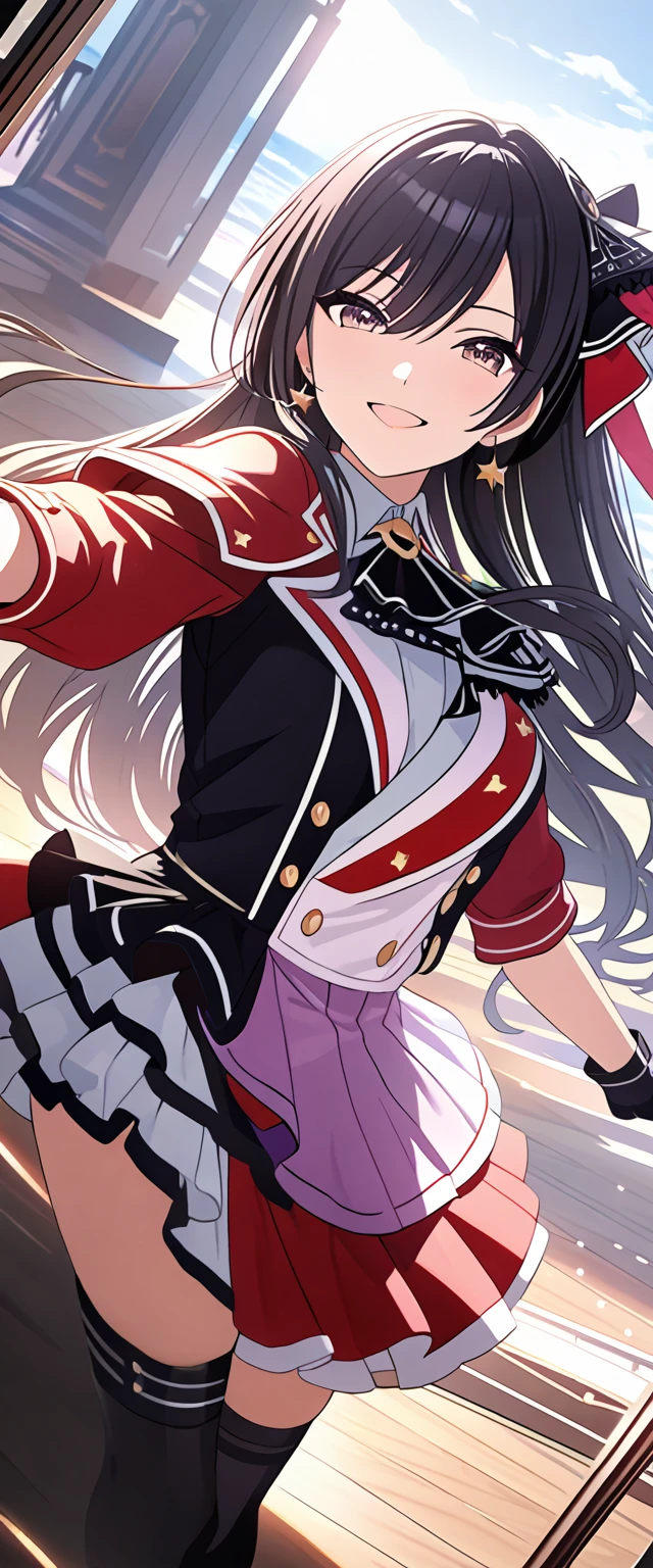 (masterpiece),(Please redeem),(Super detailed),(Best illustrations),(Best Shadow),(Absurd),(Detailed Background),(so beautiful),  Sakuya said:, Black Hair, ponytail, smile, One Girl, Long Hair, Hairbands, ponytail, gloves, bangs, Idol, Browse your viewers, 