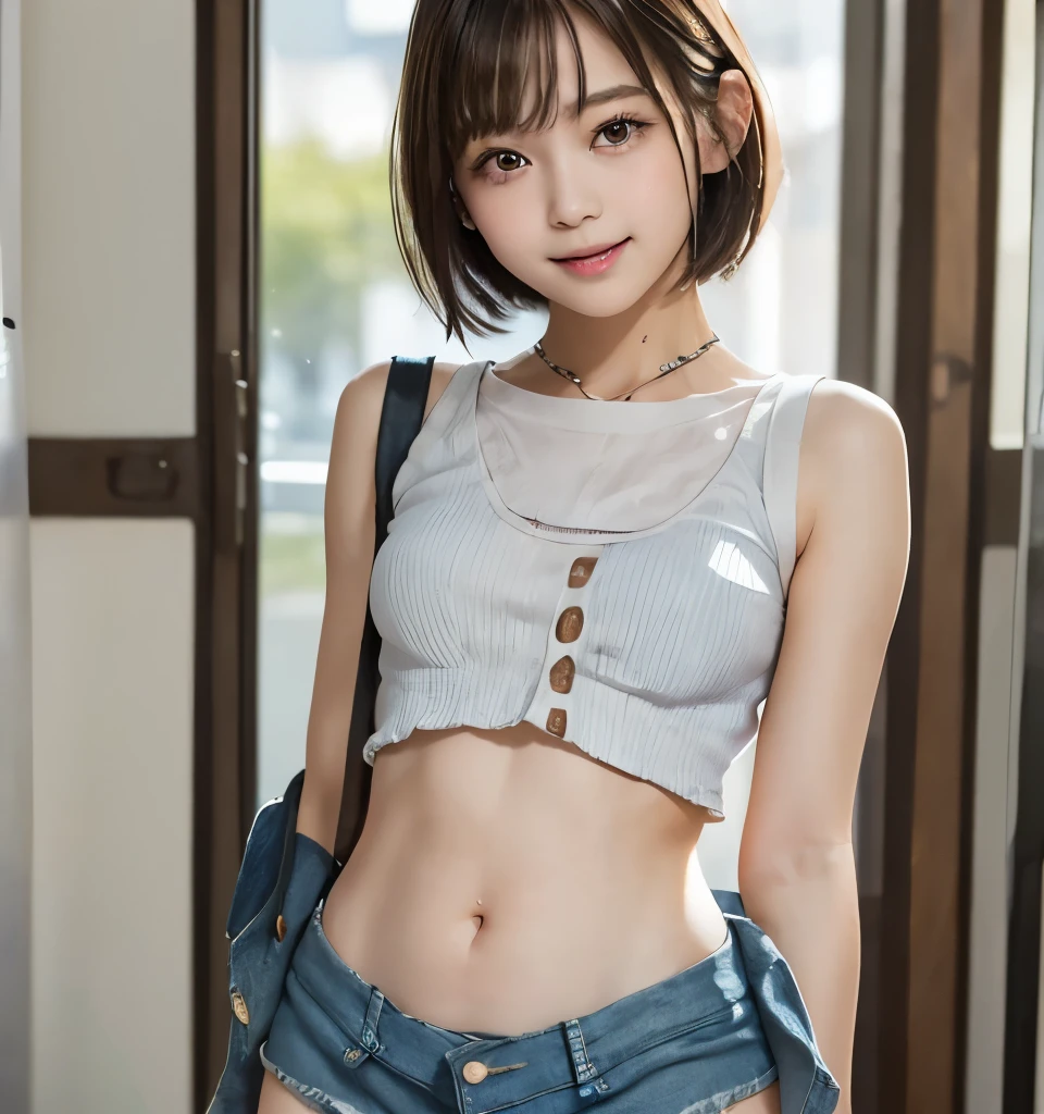 one girl, (a beauty girl, delicate girl:1.3), (, gal:1.3), (denim shorts:1.2), very fine eye definition, (symmetrical black eyes:1.3), stare at the camera, A big smile, show teeth, (room view:1.2), small breasts, brown short hair, girl, (eyes and faces with detailed:1.5), (masterpiece, best quality, ultra detailed, detailed face, 8k), cowboy shot from the under, Swayback stance,