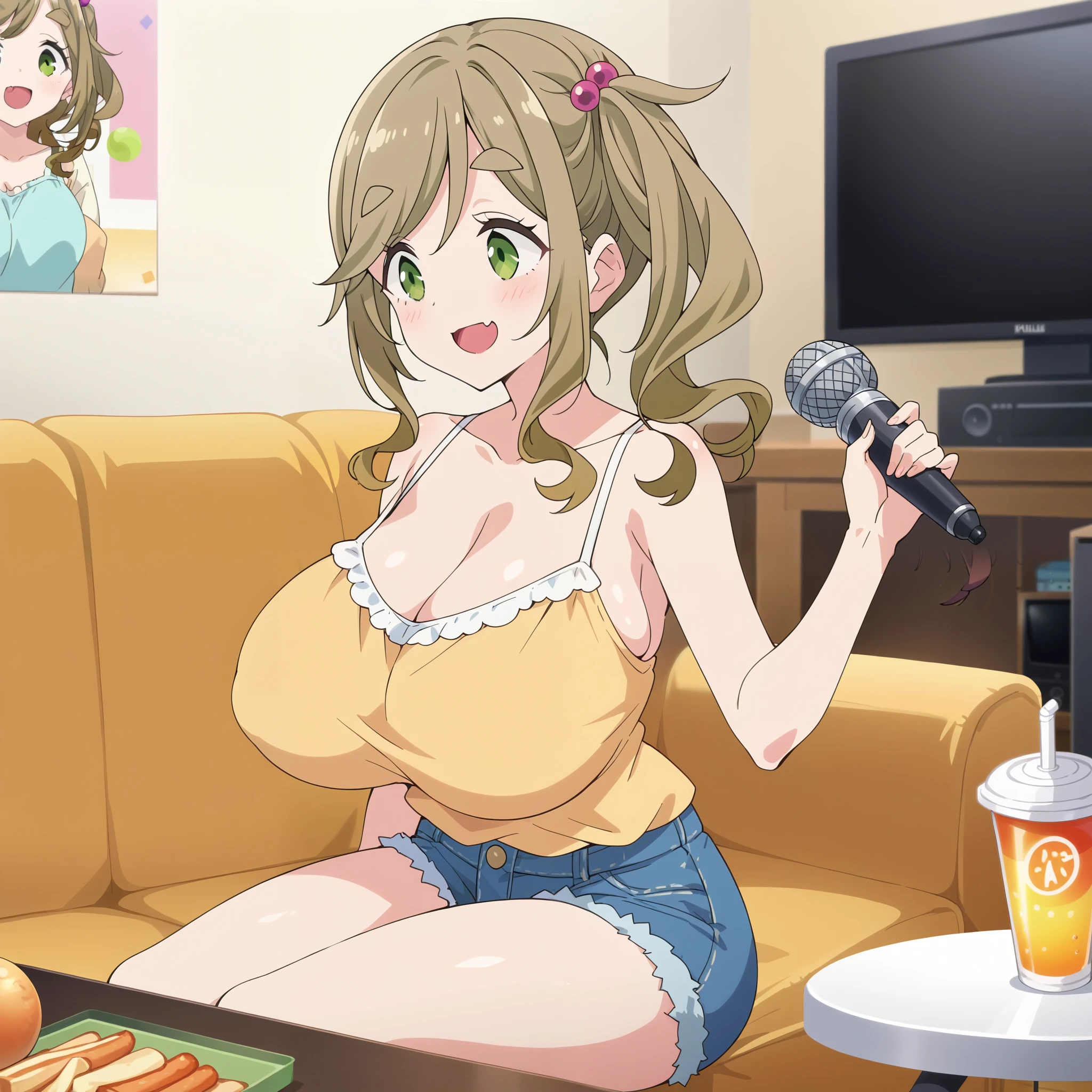 score_9, score_8_up, score_7_up, source_anime,  (anime coloring, anime screencap:1.2), flat color, megami magazine, shiny skin, from side, sitting, couch, karaoke box, tv monitor, table, door, mirror ball, holding microphone, Aoi Inuyama, loose camp, medium hair, (huge breasts), bangs, brown hair, hair ornament, side ponytail, flowing bangs, thick eyebrows, hair bobble, fang, green eyes, camisole, denim shorts, indoors, looking  away, seductive smile, blush, open mouth, sing, music, fried potato, drink