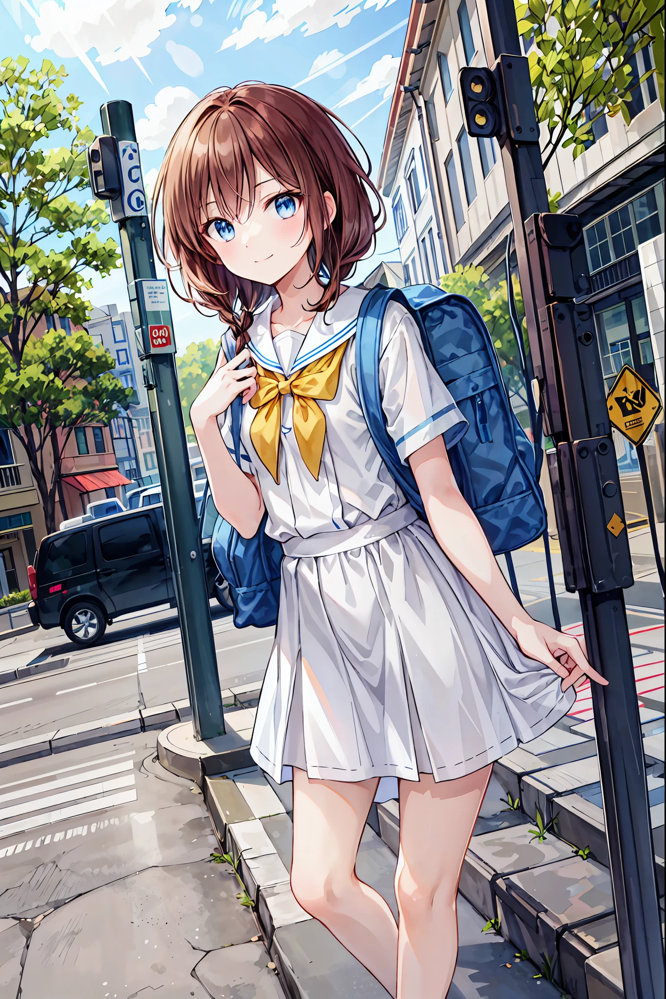 1 person, Alone, Outdoor, sunlight, dress, Streetscape,  street, Seraphim, Check skirt, School Uniform, Backpacks,  A light smile, Standing, bus stop,Brown Hair，Shortcuts，Messy Hair，Slender beauty，Beautiful legs，，Brown Hair，Shortcuts，Short braided hair，Neat，Slender beauty，A dignified posture，Small chest，Beautiful feet，Her captivating grey-blue eyes shine like stars，Vibrant colors,Beautiful Eyes,A delicate smile,Textured Skin,The best quality at its best,A kind and beautiful woman,Anime Style､Contrail，