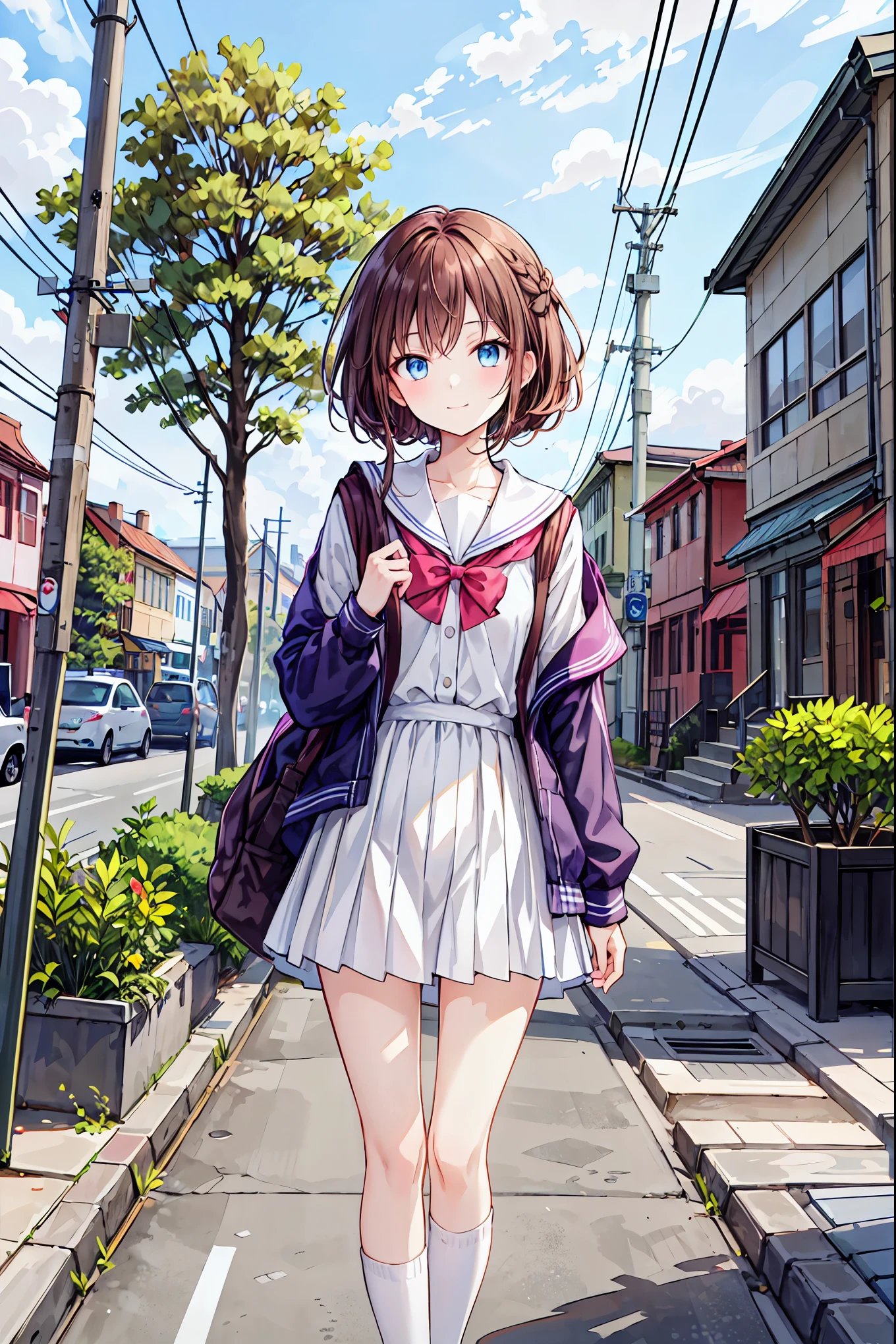 1 person, Alone, Outdoor, sunlight, dress, Streetscape,  street, Seraphim, Check skirt, School Uniform, Backpacks,  A light smile, Standing, bus stop,Brown Hair，Shortcuts，Messy Hair，Slender beauty，Beautiful legs，，Brown Hair，Shortcuts，Short braided hair，Neat，Slender beauty，A dignified posture，Small chest，Beautiful feet，Her captivating grey-blue eyes shine like stars，Vibrant colors,Beautiful Eyes,A delicate smile,Textured Skin,The best quality at its best,A kind and beautiful woman,Anime Style､Contrail，