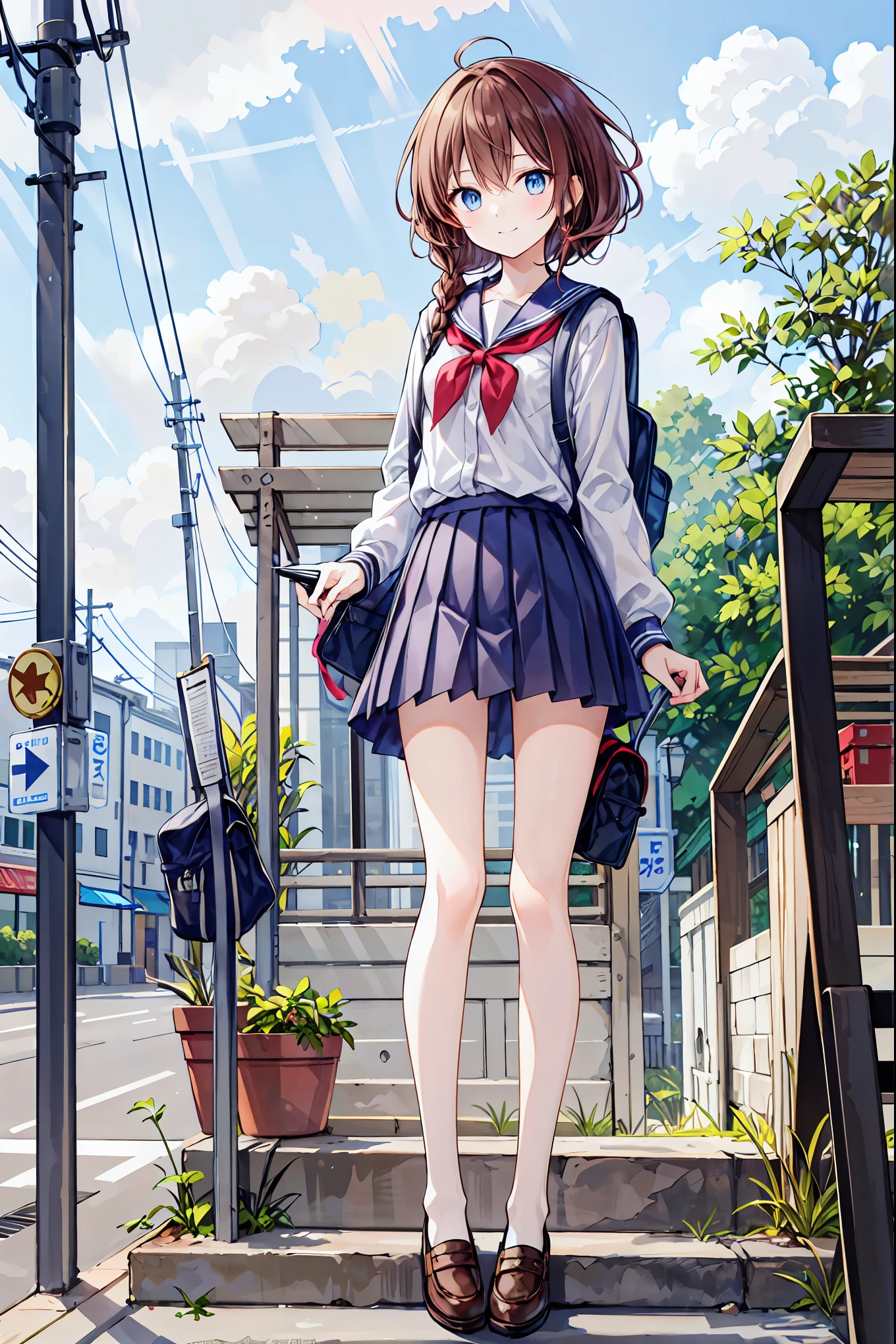 Anime girl in school uniform standing on steps in front of a building ...