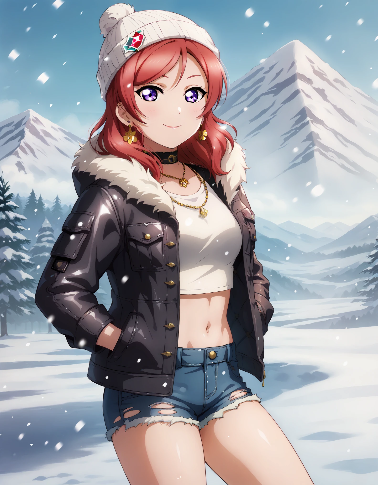 masterpiece, best quality,8k wallpaper , love live art style, nishikino maki love live, purple eyes,red hair, earrings, bangs, white beanie hat , crop top, jewelry, closed mouth, jacket, earrings, outdoors, sky,torn denim shorts, fur trim, cute choker, snow, snowing, mountain, fur-trimmed jacket, mountainous horizon, smile ,(lipstick:0.7), hands in pocket , shiny skin , romantic , looking at viewer , thighs, shiny skin,necklace 