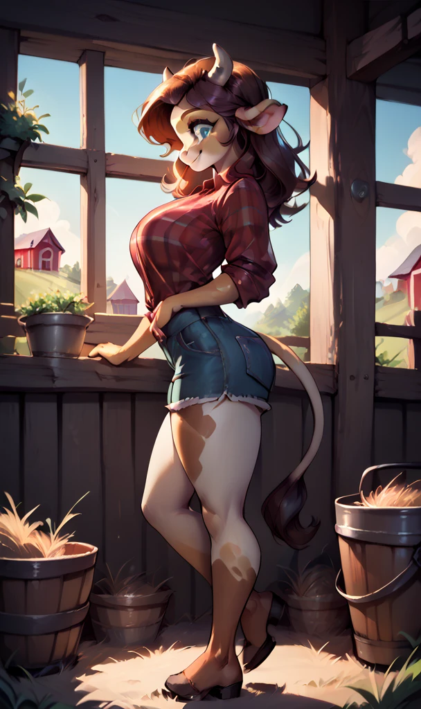 anthropomorphic, (cow), feminine, pretty, attractive, plaid shirt, short jean shorts, large breasts, shapely body, skin, big eyes, smile, (cheerful expression), farm setting, (great lighting), (masterpiece), (best quality), (side view), full body