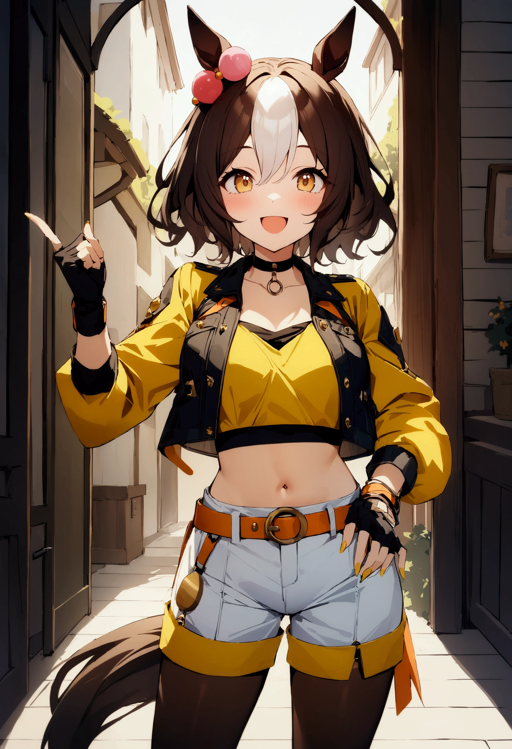 (Marci), 1girl, golden eyes, hair up, brown hair, ponytail, lewd, bikini, crop top, shirt lift, slutty, (jeans shorts)