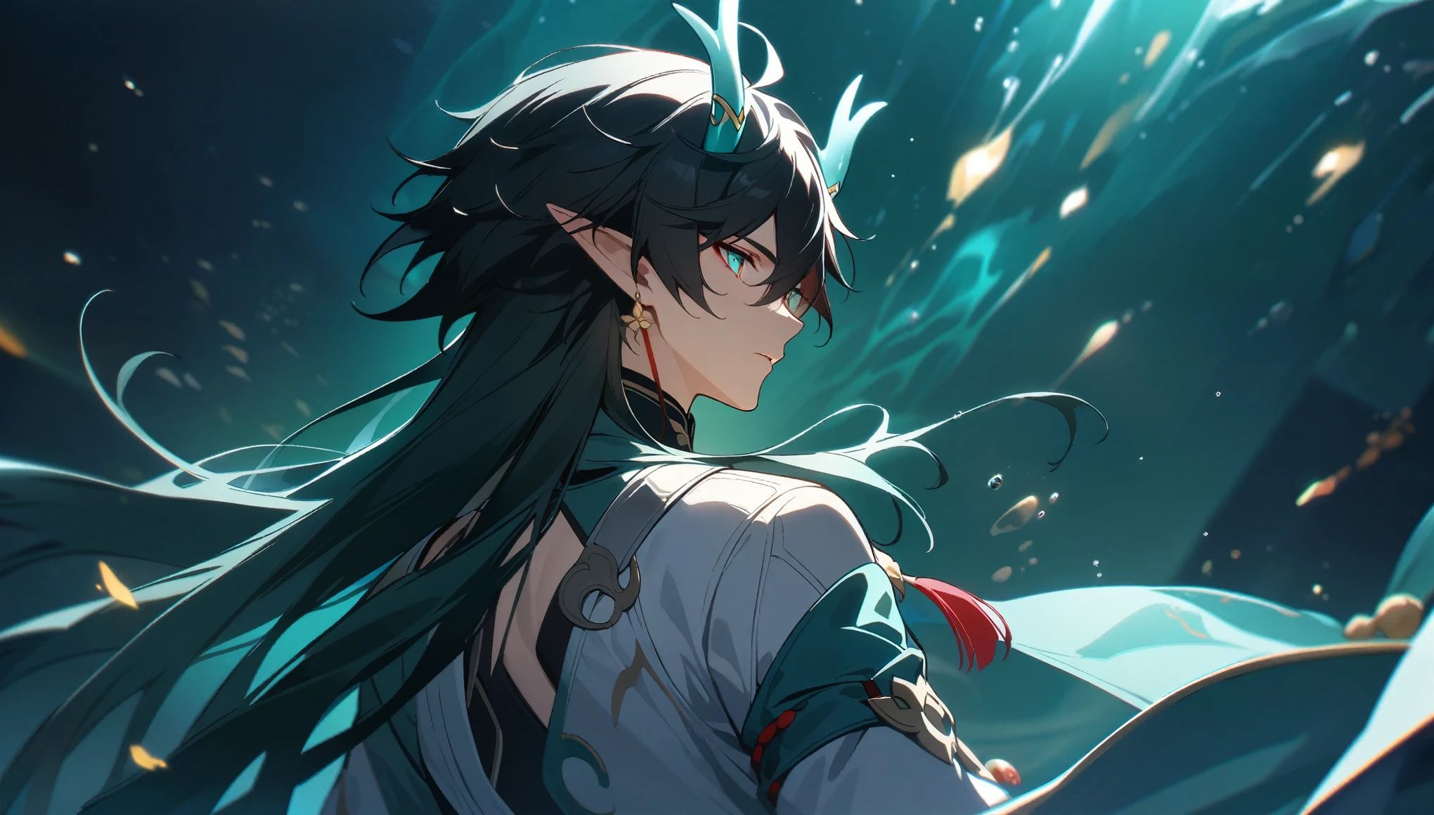 1boy, dan heng, imbibitor lunae, dan heng IL, honkai star rail, elf ears, long hair, black hair, horns, underwater, dark green background, hd eyes, close up, back turned, looking left, (beautiful and aesthetic:1. 5), best quality, high quality,  super detail, best quality, ultra-detailed,dynamic lighting, HD,