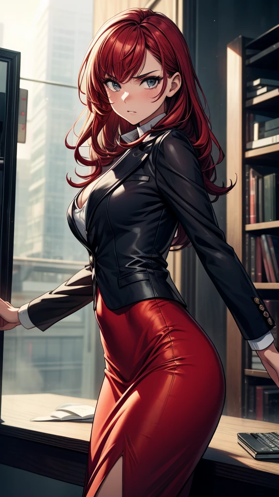 (obra-prima, melhor qualidade: 1.3), POV, A woman, Red curly hair, ponytail, satisfied look, thin nose, delicate face, square jaw, wearing business suit with tie
