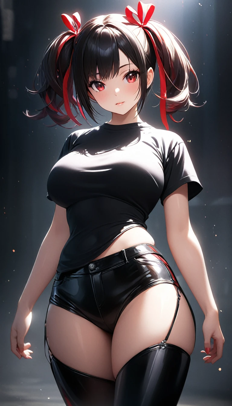 1 lady, 独奏, masterpiece, Highest quality, ultra detailed, CG unity 8k wallpaper, Cinema Lighting, Lens flare, Beautiful details in the eyes, Red eyes, Strenuous movements、Collapsed night street、Neon Street、Cyberpunk style、Blade Runner atmosphere、Steam is coming out of the exhaust port on the road surface、The road surface is wet、Fluttering hair, black hair,
red streaked hair , short hair, slicked back hair, abdominals、Bright smile、Half mouth open、White teeth are visible, (black Cargo pants、red Tank Tops、white sneaker), profetional lighting、 Gray Light Lighting, large breasts, muscular, evil smile, evil grin, (sharp eye:1.2),(scowl:1.1), (stare at viewer:1.5), (embarrassed,blush:1.3), ,nsfw,(ecstasy:1.3) ,(slut:1.2),(vulgarity:1.3),(fucked silly:1.1),(steam:1.1),(wet:0.8),(drooling:0.6),(sweat:0.8), crawling position on their hands and knees, (defenseless、Beautiful eyes illuminated by the light、Shiny Hair、Reflected Eyes, )