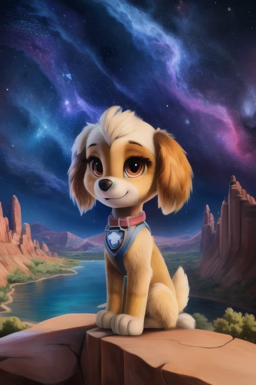 paw patrol, skye, shih tzu, female, feral, ((solo)), sitting, by crumbles, (looking at viewer), ((focus on character)), nebula, stars, universe, ((cosmos)), anatomically correct, focus on character, view of the mountains, river, canyon, best landscape, detailed, detailed background, best quality, masterpiece, detailed eyes, detailed pupil,