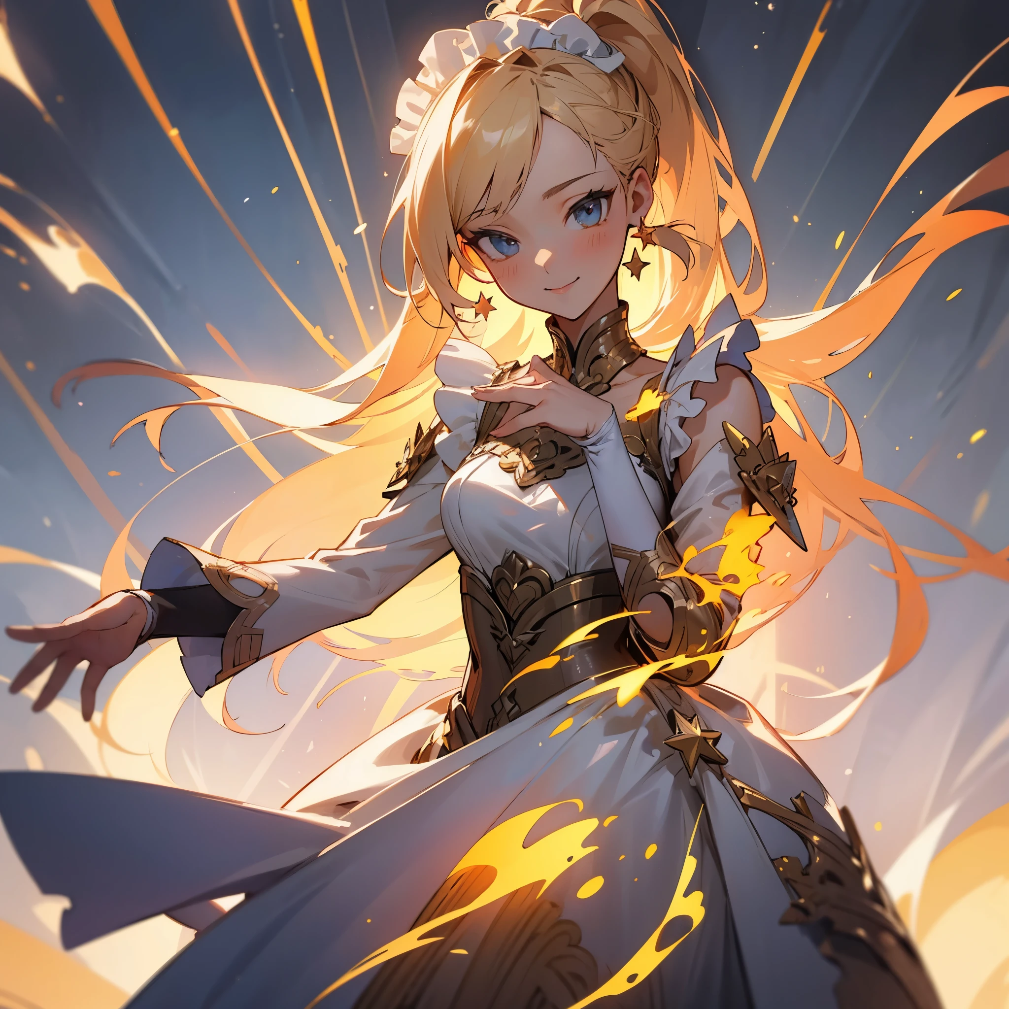 ((masterpiece, Please redeem)), Detailed face, CharacterDesignSheet, Full of details, Multiple poses and expressions, Advanced Details, Depth, Many parts，Beautiful maid，gold，Double Ponytail，Fantasy，Engulfed in flames，very beautiful，High balance, Natural Light, race，raceパンスト，Star decoration，Anatomically correct, One girl, solo, smile, 