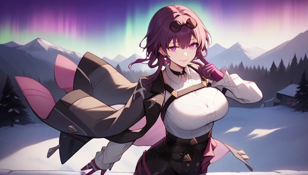 One Girl,Kafka, Purple eyes, Purple Hair, bangs, Side Lock, Please put the glasses on your head, earring, White Shirt, Collared shirt, Long sleeve black jacket, Jacket on shoulders, Harness, Large Breasts, Purple Gloves, Black shorts, High waist shorts, Purple thigh straps, Tights Single Thigh High Boots,There are no students, Black Choker, ring, Show me your shoulders, pearl earring, Armband,masterpiece,Anatomically correct, 8k,(background,Aurora,Snow Scene),Charming smile,Head to chest close-up,Standing