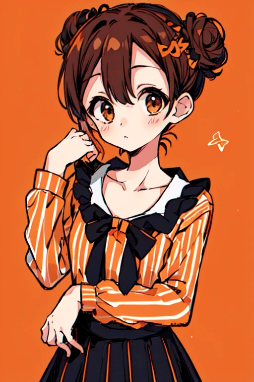 1girl, jack-o'-lantern, solo, double bun, hair bun, striped clothes, shirt, hair ornament, pumpkin, halloween, striped shirt, looking at viewer, brown eyes, long sleeves, brown hair, holding, black skirt, skirt, :), collarbone, blush, upper body, orange background, hair between eyes, hand up, bat 