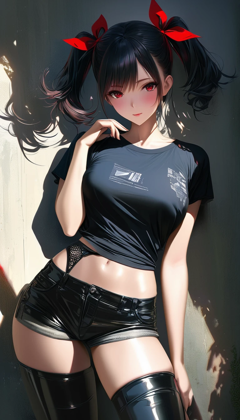 whole body, tearful mole, earring, medium hair, black hair, medium tits, Cropped t-shirt, sportswear, shorts,