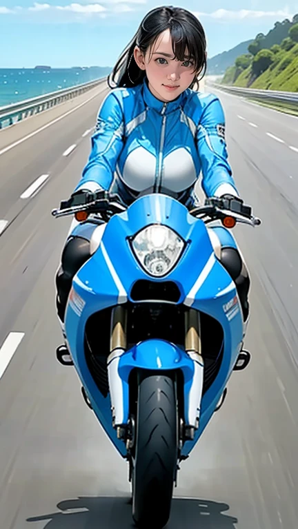 There is a woman riding a light blue 1300cc super bike on the road.., (((Wheelie))) Speeding along a straight coastal road on a 1300cc super-large motorcycle, America. (This scene、It captures the speed and power of the scene..))), (((Dynamic and powerful composition))
