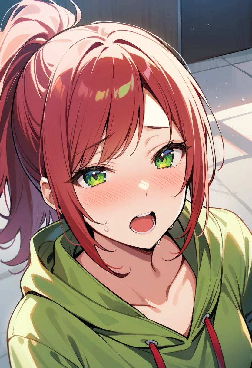 (masterpiece, official art, detailed face), tansau, 1girl, red hair, (closed mouth), tongue, 