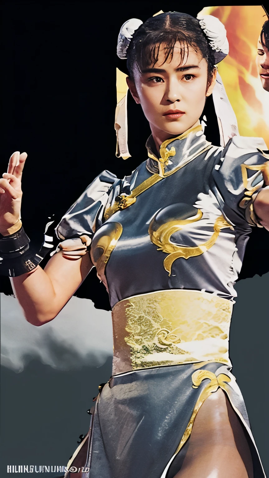 Chunli, Silver Costume, Make a poster for a martial arts movie, Hollywood Style, The facial details are accurately depicted, The details of the clothing are accurately depicted, Two white loaves, High image quality, 映画ではChunliが宿敵に敗北します, ポスターの中ではChunliが強力な敵に追い込まれている様子を描いてください, Create a dark atmosphere by depicting rain and night., Please suggest that there is a powerful enemy., The title of this movie is「Chunli無惨〜Beautiful martial artist、Fallen before his nemesis！」, Enter the movie title, Cinema lighting